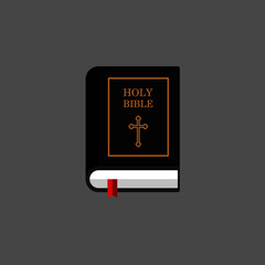 Holy Bible in a black hard cover. Book icon with bookmark. Religion book template isolated on grey background. Vector illustration. 