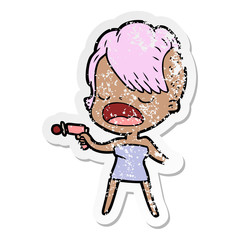 distressed sticker of a cartoon cool hipster girl talking