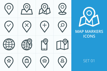 Map markers icons set. Collection of pin, location, point, placeholder, gps tracker vector icons