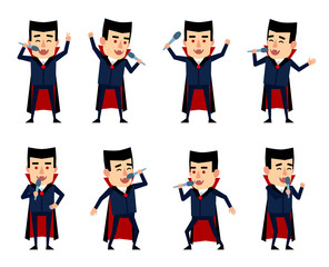 Set of halloween vampire characters posing with microphone in various situations. Funny vampire karaoke singing. Flat style vector illustration