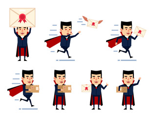 Set of halloween vampire characters posing with letter and parcel box in various situations. Funny vampire holding letter, running and showing other actions. Flat style vector illustration