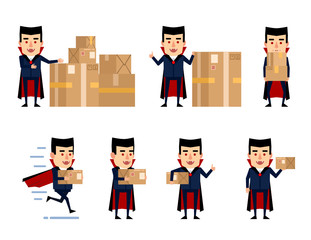Set of halloween vampire characters posing with parcel box in various situations. Funny vampire holding package, running, showing thumb up gesture and other actions. Flat style vector illustration