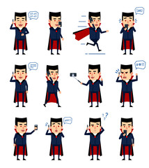 Set of halloween vampire characters posing with in various situations. Funny vampire talking on phone, angry, surprised, running and showing other actions. Flat style vector illustration