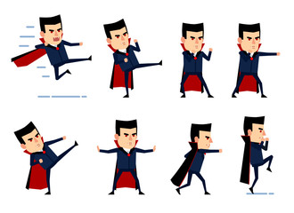 Set of halloween vampire characters fighting. Vampire shows different punches and kicks, jumps and shows other actions. Flat style vector illustration