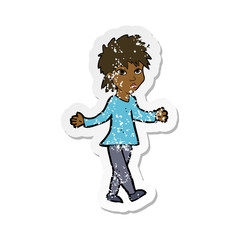 retro distressed sticker of a cartoon woman shrugging shoulders