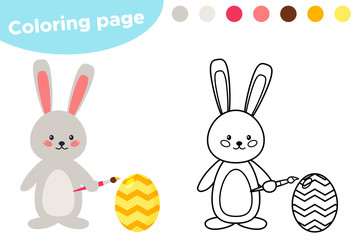 Spring coloring, cute cartoon Easter bunny paints an egg. Educational game for preschoolers. Vector illustration.
