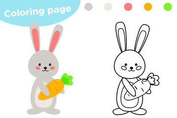 Spring coloring page, cute cartoon Easter rabbit with carrot. Educational game for preschool kids. Vector illustration.