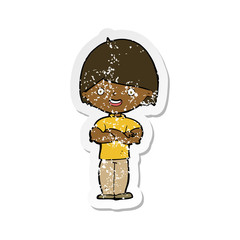retro distressed sticker of a cartoon man with crossed arms
