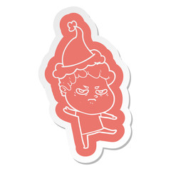 cartoon  sticker of a angry man wearing santa hat