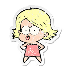 distressed sticker of a cartoon girl pouting