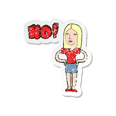 retro distressed sticker of a cartoon woman saying no