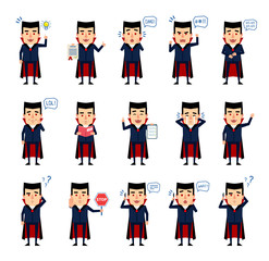 Set of halloween vampire characters showing different actions. Funny vampire laughing, crying, angry, reading book and showing other actions. Flat style vector illustration