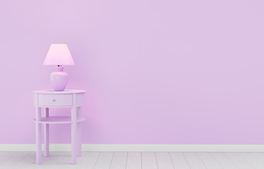 Stylish lamp on table against color wall, space for text. Design with living purple color