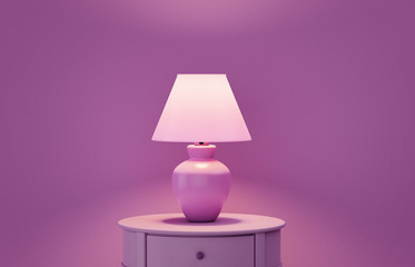 Stylish lamp on table against color wall, space for text. Design with living purple color