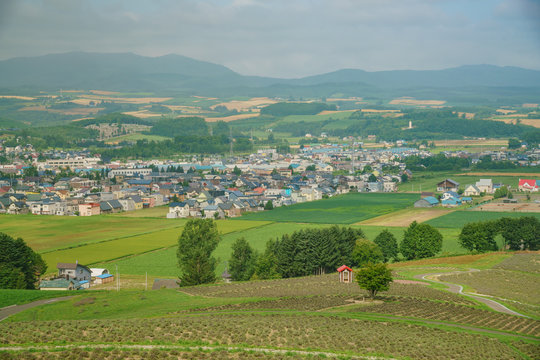 Aerial view of the Furano cityscape with flower blossom below © Kit Leong