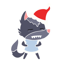 flat color illustration of a wolf showing teeth wearing santa hat