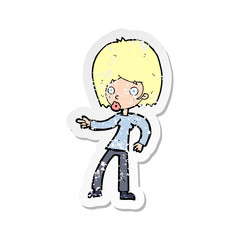 retro distressed sticker of a cartoon woman pointing
