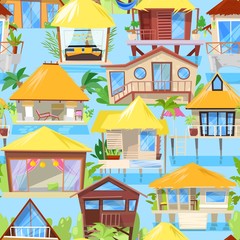 Villa vector facade of house building and tropical resort hotel on ocean beach in paradise illustration set of bungalow in village seamless pattern background