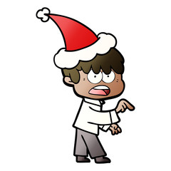 worried gradient cartoon of a boy wearing santa hat
