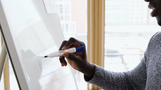 Close-up hand of African male holding marker felt pen drawing graphic or diagram on flip chart. Finance engineer worker making analytics picture on whiteboard side view