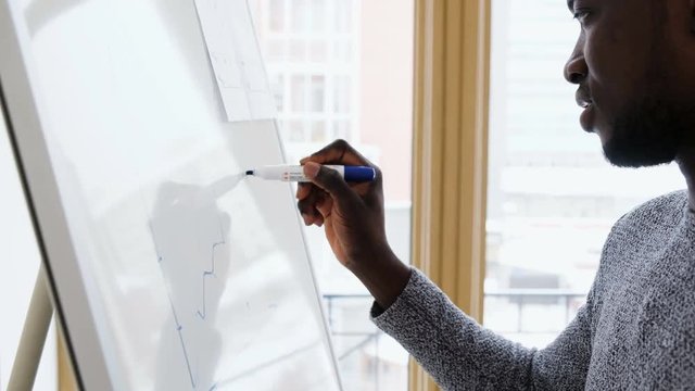 Medium close-up shot young African businessman drawing profit graphic on flip chart. Side view creative male making analyzing of startup project ready for presentation
