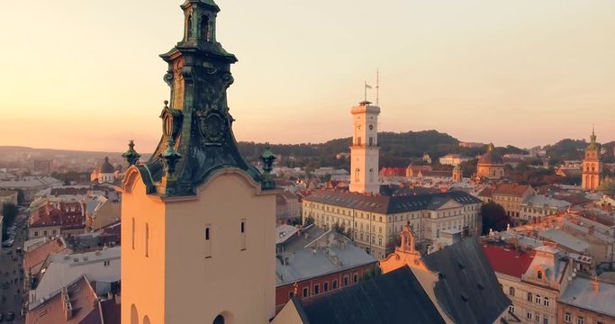 5 in 1 Lviv, Ukraine - Aerial Old City from drone. Central part of old city at sunset time. European City. Popular areas of the city.