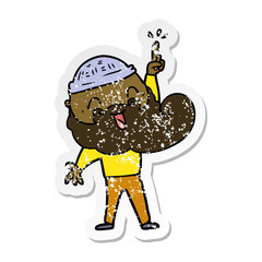 distressed sticker of a happy bearded man with great idea