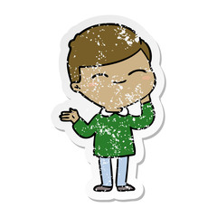 distressed sticker of a cartoon shy smiling boy