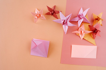 Children's hands do origami from colored paper on living coral background.