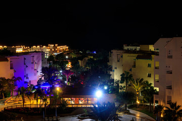 Night view of the modern tropical resort in Hurghada, Egypt. View from above