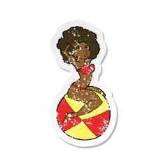 retro distressed sticker of a cartoon pin up girl sitting on ball