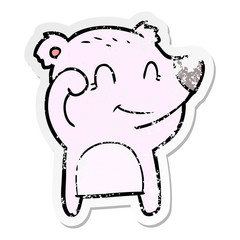 distressed sticker of a tired smiling bear cartoon