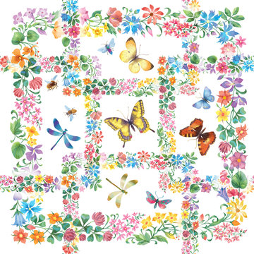 Floral geometric seamless background pattern. Flowers, butterflies and dragonflies