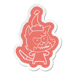 cartoon  sticker of a grinning fox wearing santa hat