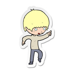 sticker of a cartoon worried boy pointing