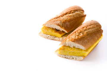 Bocadillo de tortilla española. Spanish potato omelette sandwich isolated on white background. Copyspace