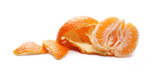 Peeled clementine, orange mandarin slices isolated on white background