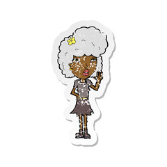 retro distressed sticker of a cartoon woman waving