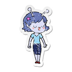 distressed sticker of a happy alien girl cartoon