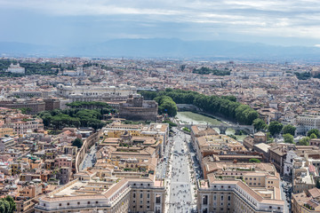 Catstel Sant Angelo viewed from the dome on the basilica at Vatican City, Rome, Italy