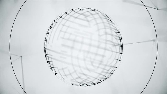 Abstract rotating circles of dotted lines on white background. Plexuses of point lines in rotating sphere with circles diverging from it on white background with moving lines and points