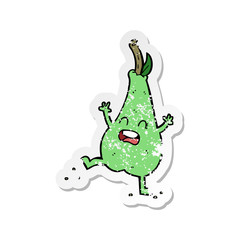 retro distressed sticker of a cartoon happy dancing pear