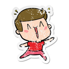 distressed sticker of a cartoon happy man