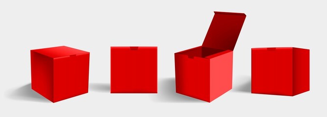 Set of realistic square cardboard packaging, paper boxes. High red cardboard box mockup