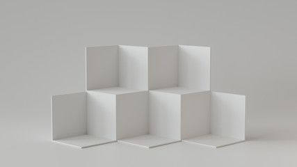 White cube boxes with white blank wall background. 3D rendering.