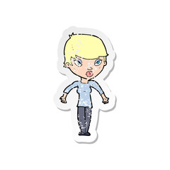 retro distressed sticker of a cartoon woman shrugging shoulders