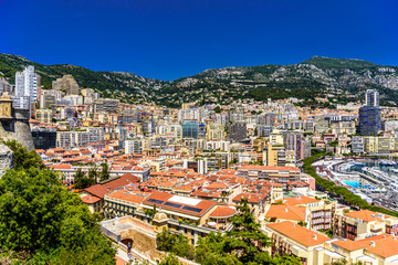 Fototapeta na wymiar City center with houses and hotels, La Condamine, Monte-Carlo, Monaco, Cote d'Azur, French Riviera