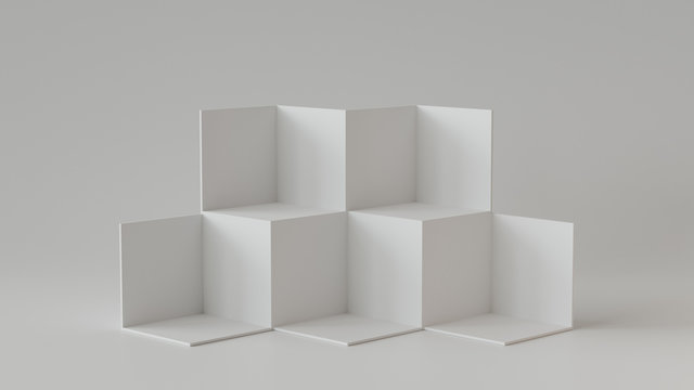 White cube boxes with white blank wall background. 3D rendering.