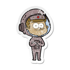 distressed sticker of a happy astronaut cartoon