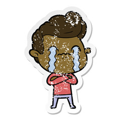 distressed sticker of a cartoon man crying